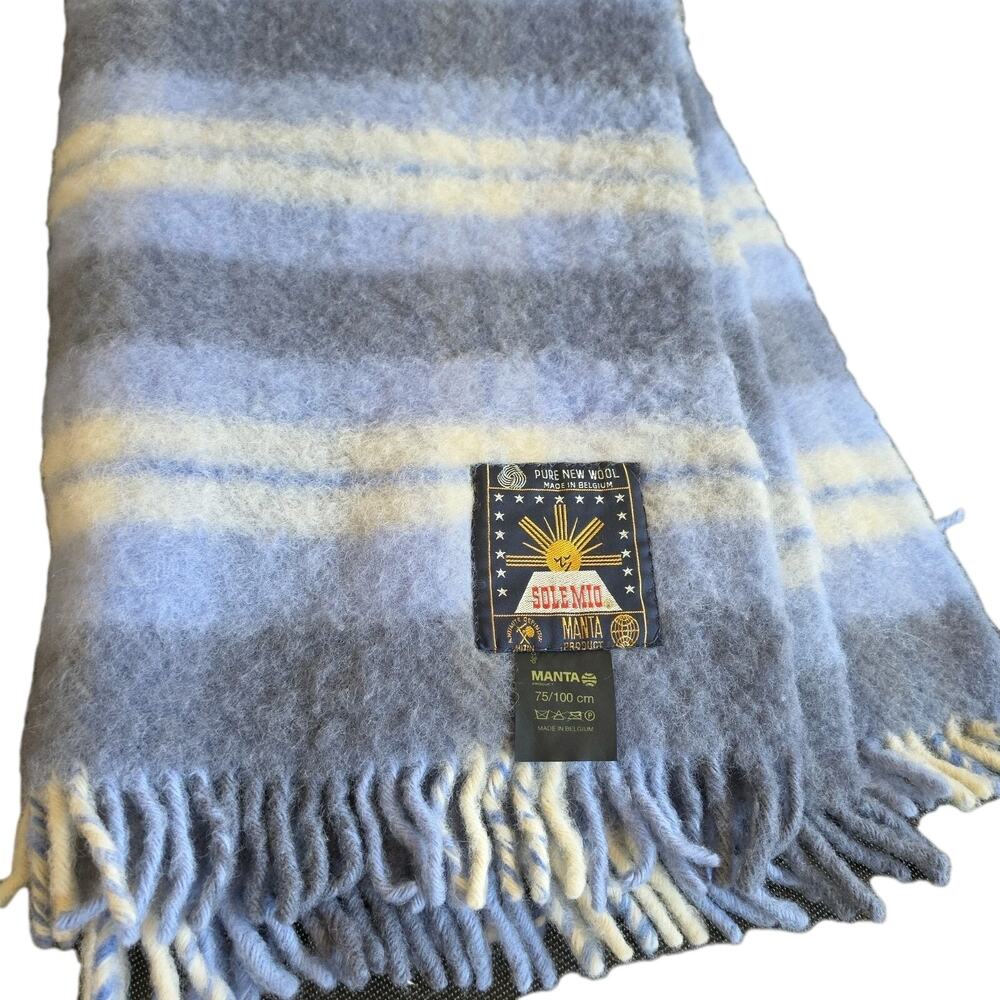 100% Pure New Wool Throw Blanket Sole Mio Thick Plaid Fringed Blue White